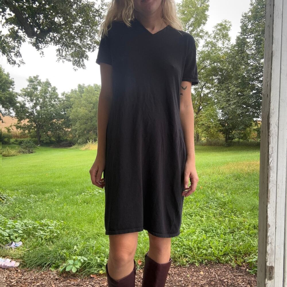 Vintage 80s 90s Lands End Black V Neck Knit T-Shirt Dress Medium Minimalist